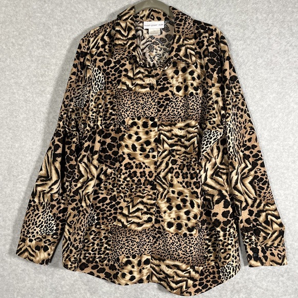 Susan Graver 1X Button Up Shirt Top Leopard Animal Print Cheetah Tunic Patchwork - Picture 1 of 6